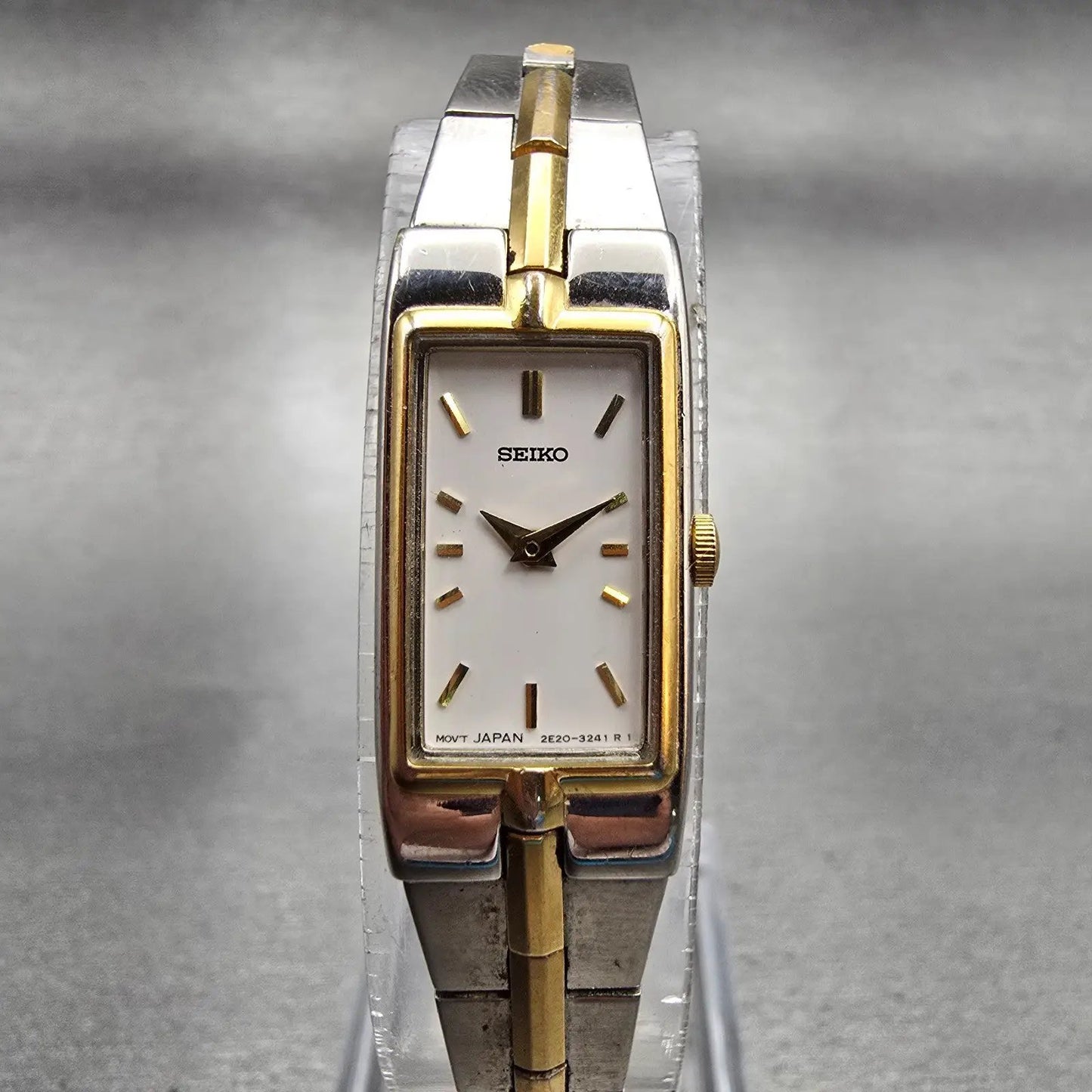 Seiko Watch Women 13mm White Dial Two Tone Rectangle 2E20-7479 New Battery VTG0