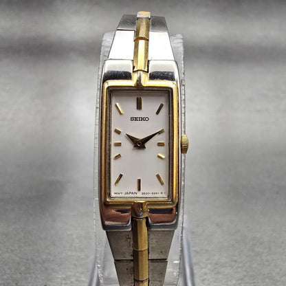 Seiko Watch Women 13mm White Dial Two Tone Rectangle 2E20-7479 New Battery VTG0