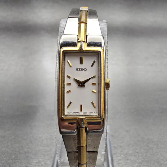 Seiko Watch Women 13mm White Dial Two Tone Rectangle 2E20-7479 New Battery VTG0