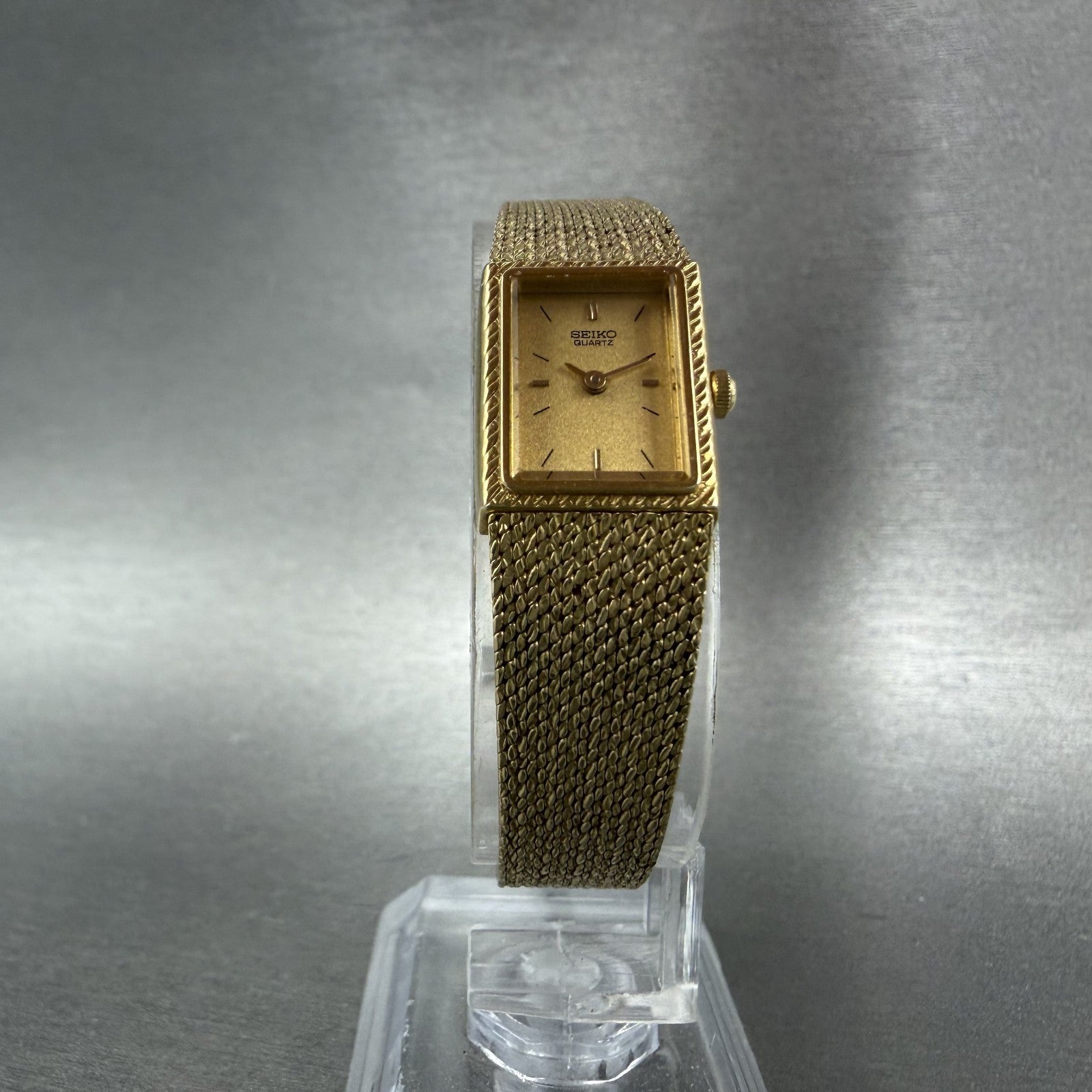 Seiko Tank Watch Women 14mm Gold Dial Gold Tone Rectangle 1F20-5A59 New Battery5