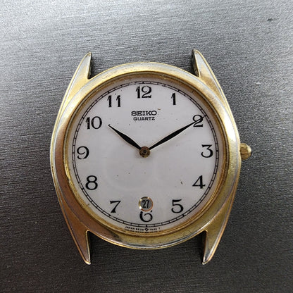 Seiko Watch Men 34mm White Dial Gold Tone Date Round 5E29-7A20 PARTS