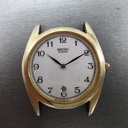 Seiko Watch Men 34mm White Dial Gold Tone Date Round 5E29-7A20 PARTS