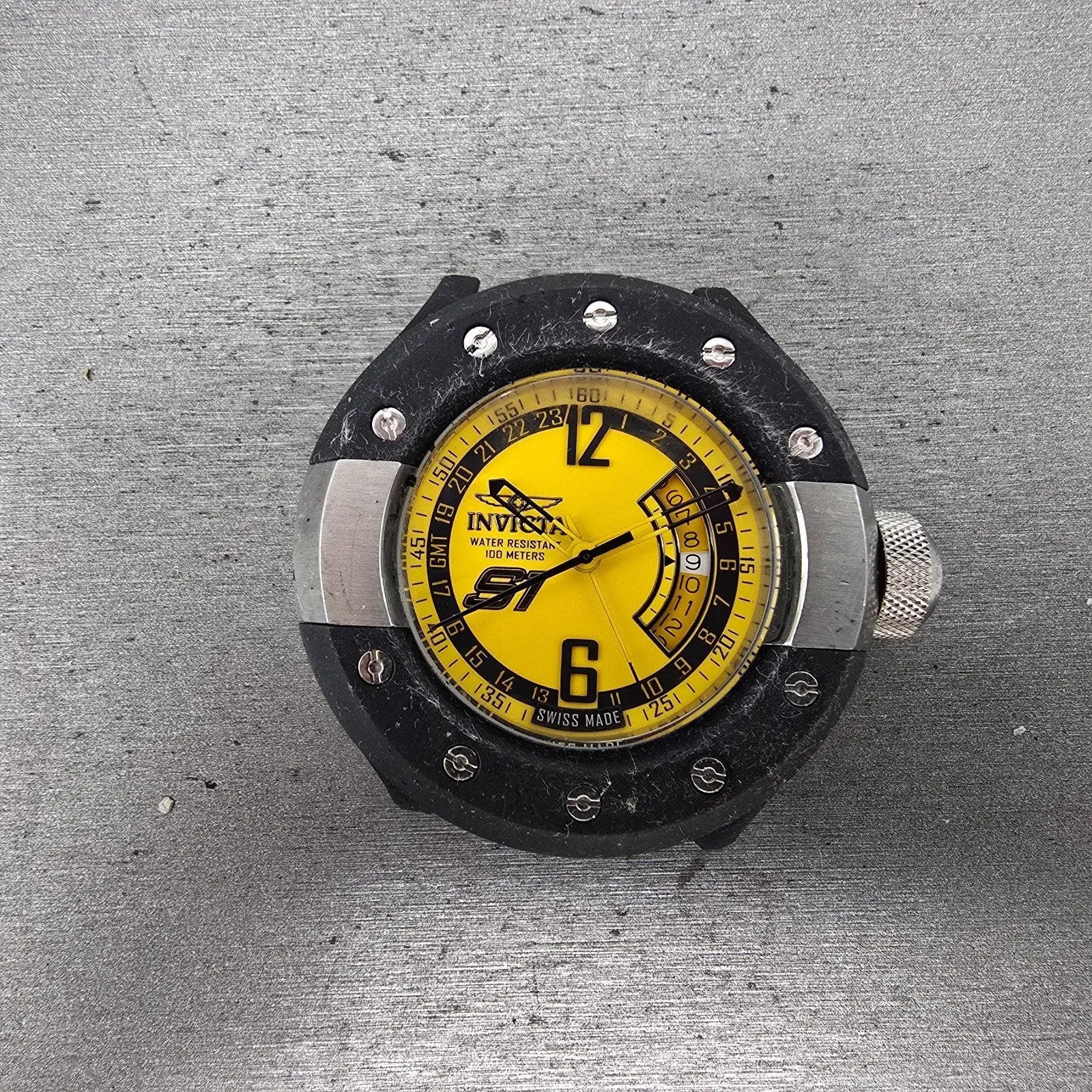 Invicta Rally S1 GMT Watch Men 52mm Yellow Dial Black Tone Date 6845 READ NewBat0