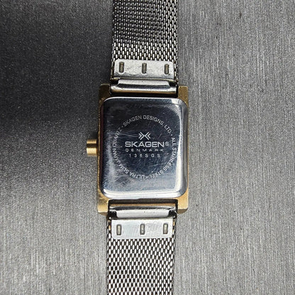 Skagen Watch Women 15mm Silver Dial Gold Tone Rectangle 136SGS New Battery BD10