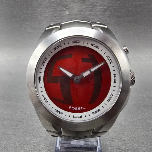 Fossil Big Tic Watch Men 44mm Red Dial Silver Tone Round BG-2151 New Battery0