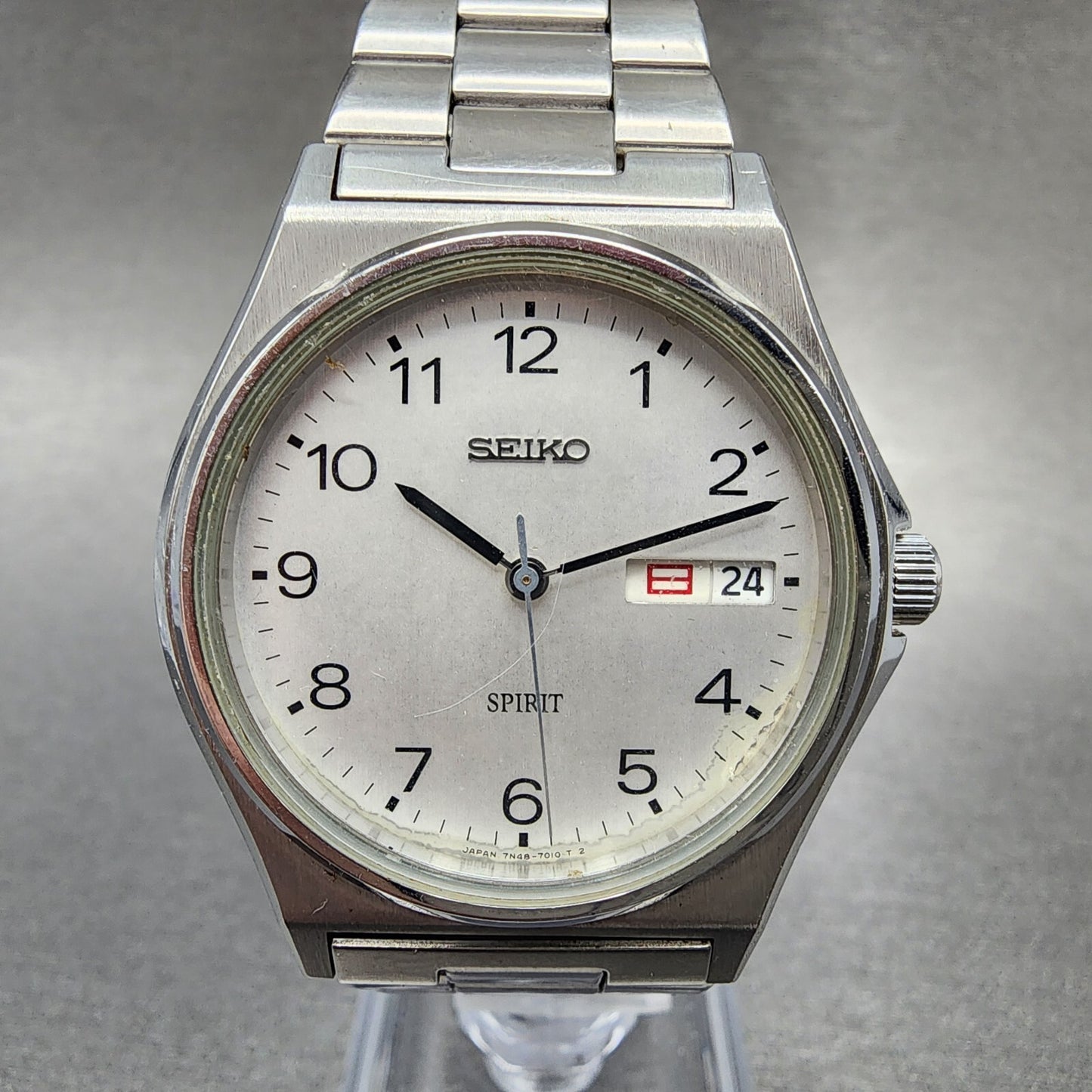 Seiko Spirit Watch Men 35mm White Dial Silver Tone Daydate 7n437000 New Battery0