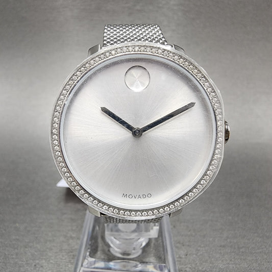 Movado Bold Shimmer Watch Women 34mm Silver Dial Steel Crystal Bezel New Batt0