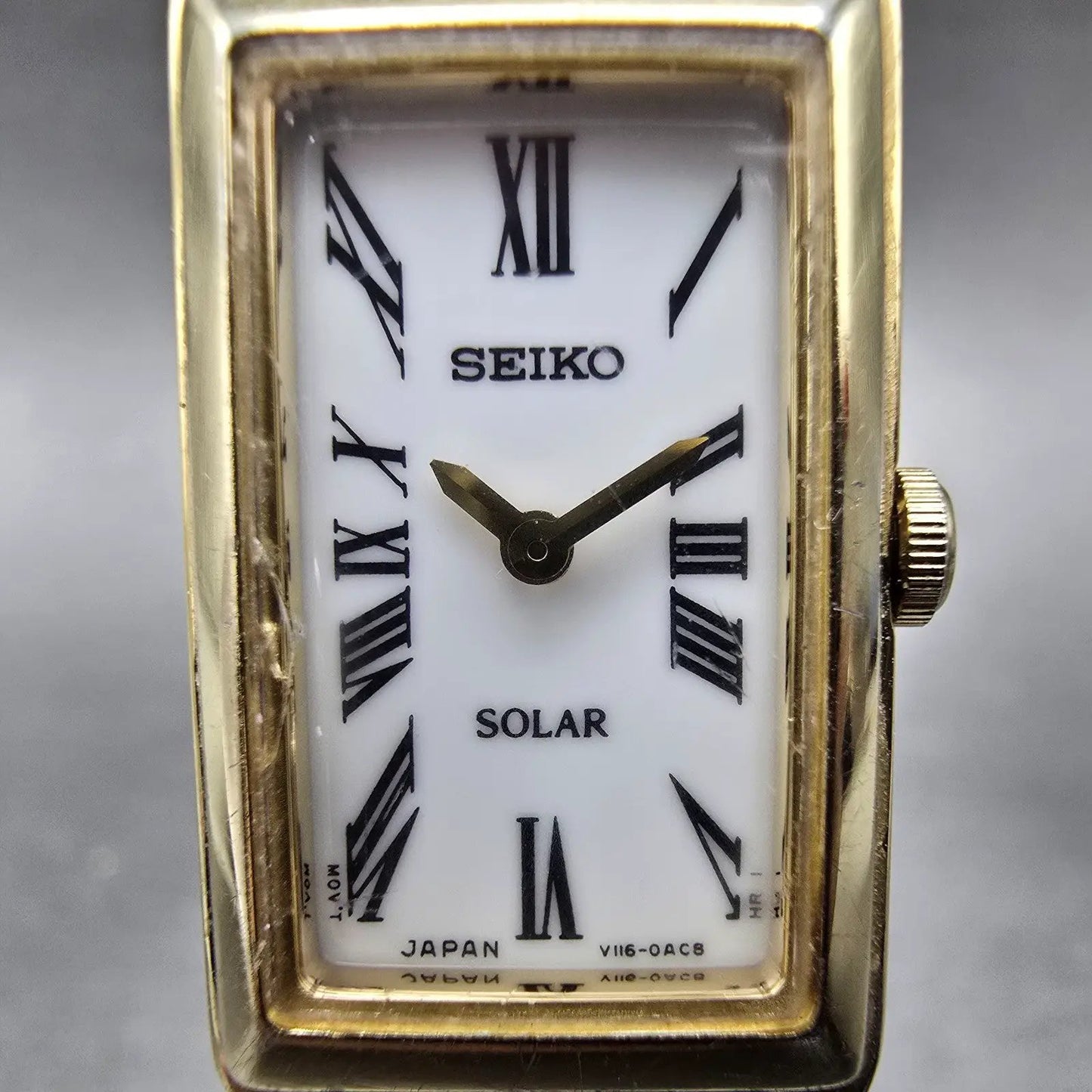 Seiko Solar Tank Watch Women 15mm White Dial Gold Tone Rectangle V116-0AA0 Works1