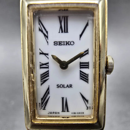 Seiko Solar Tank Watch Women 15mm White Dial Gold Tone Rectangle V116-0AA0 Works1