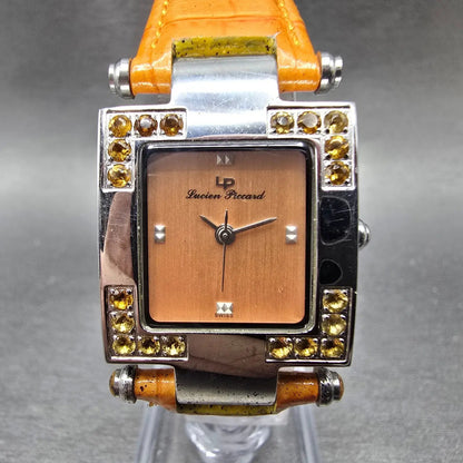 Lucien Piccard Tank Watch Women 23mm Orange Dial Silver Gem Set Rectangle NewBat0