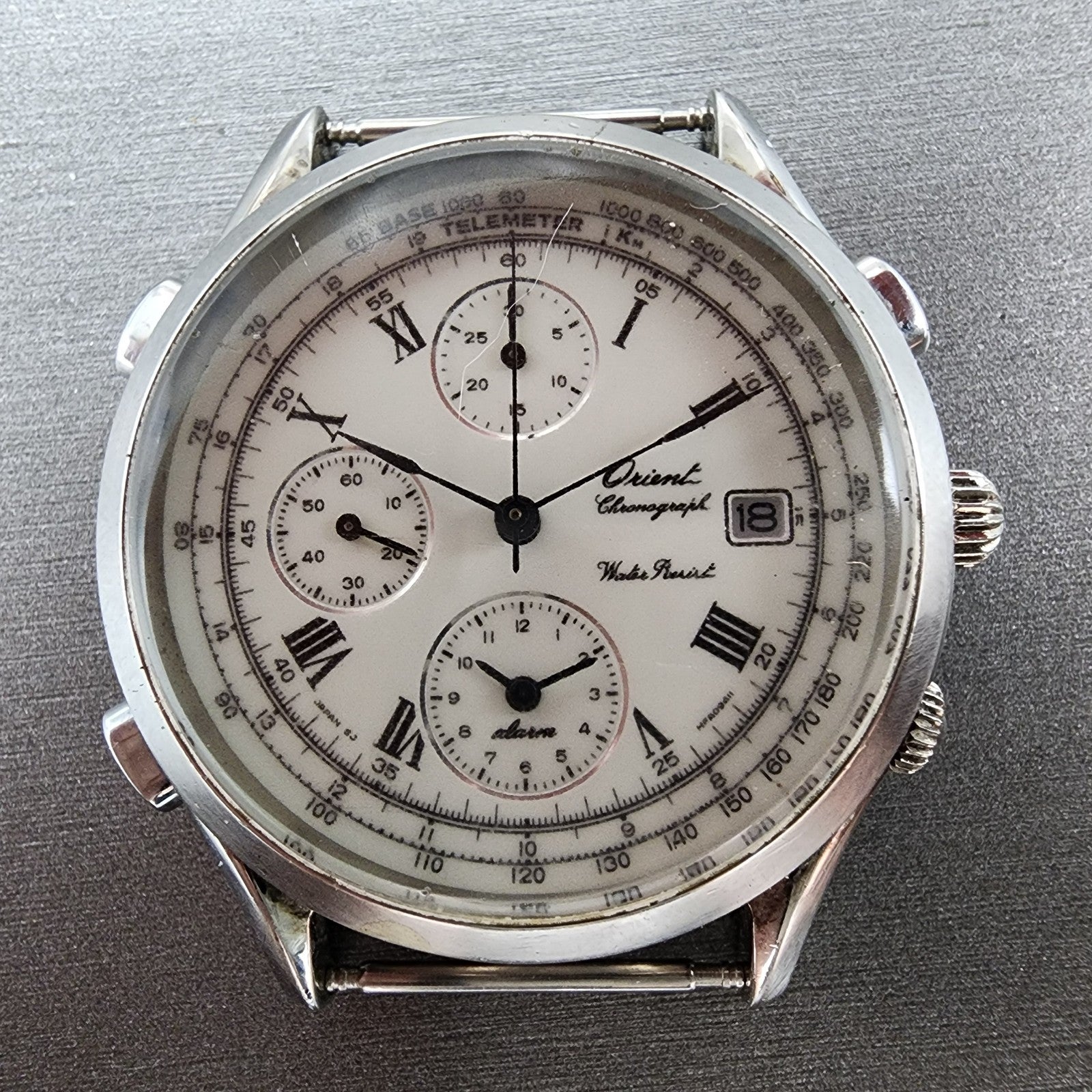 Orient Chronograph Watch Men 39mm White Dial Silver Tone Date Alarm READ!!!!!!!!1