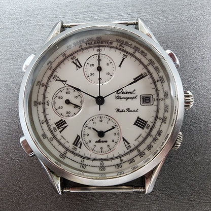 Orient Chronograph Watch Men 39mm White Dial Silver Tone Date Alarm READ!!!!!!!!1