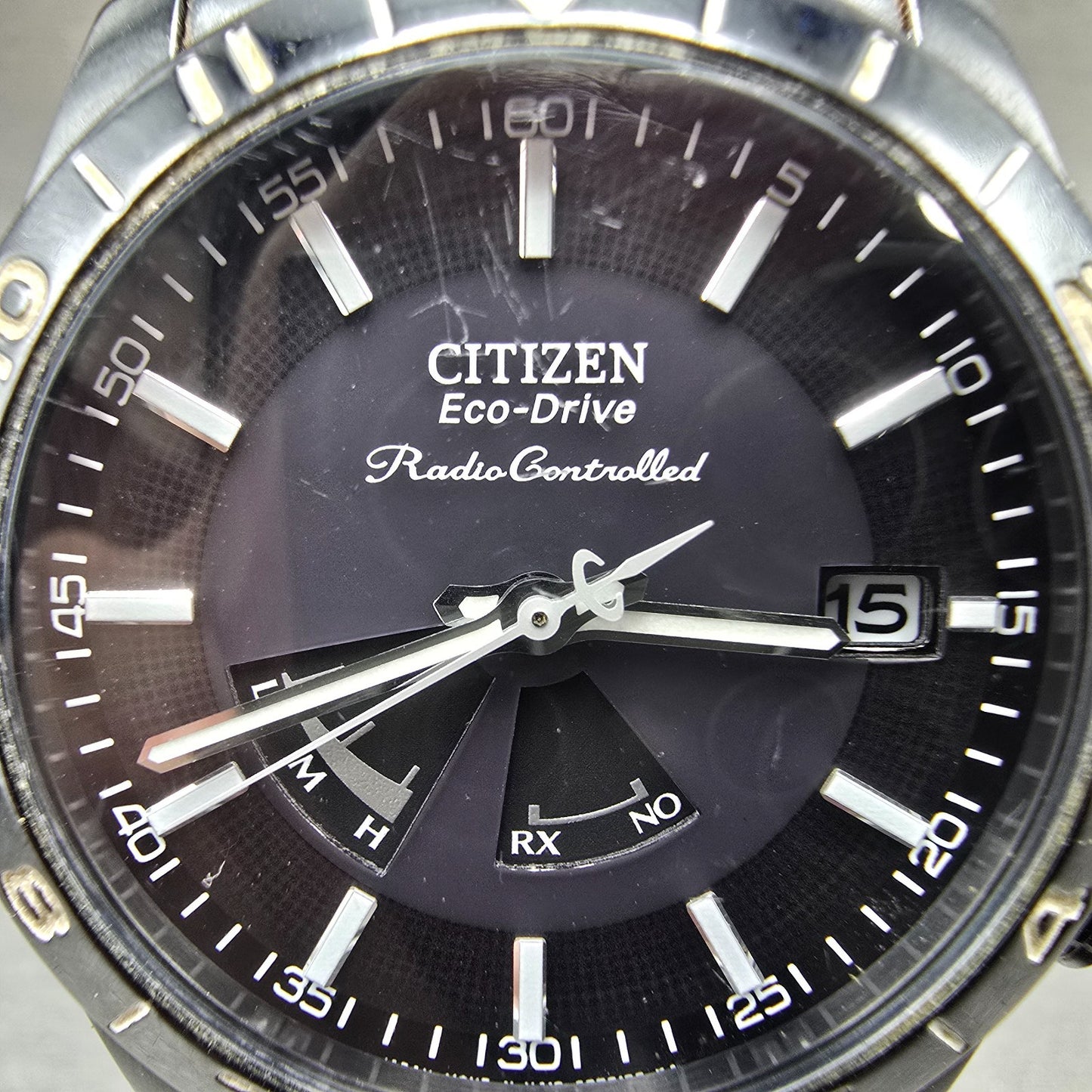 Citizen Eco-Drive Watch Men 38mm Black Dial Black Tone Atomic Date PARTS!!! H4162