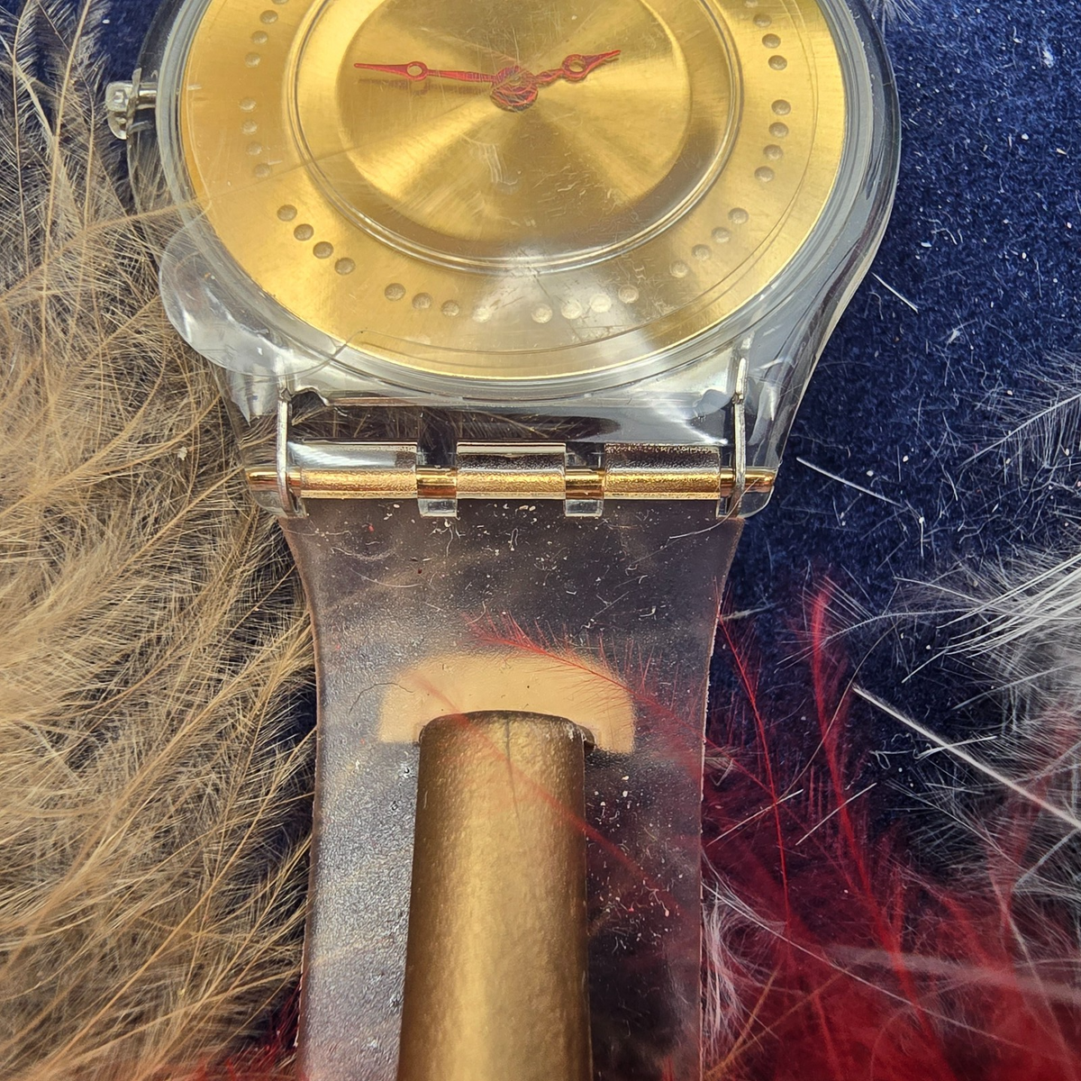 Swatch Plume de Fête Watch Men 34mm Gold Dial Clear Case SFK136 New Battery NOS9