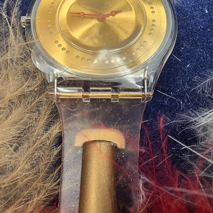 Swatch Plume de Fête Watch Men 34mm Gold Dial Clear Case SFK136 New Battery NOS9