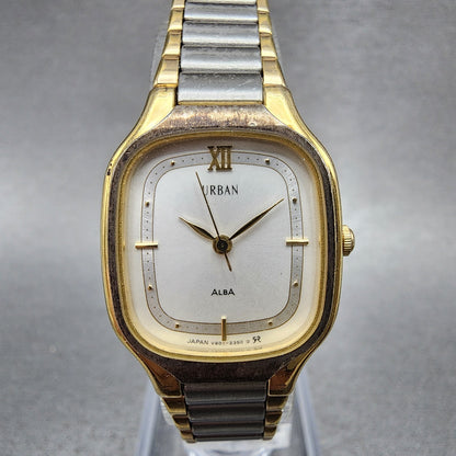 ALBA Urban Watch Women 22mm White Dial Two Tone Rectangle V8015280 New Battery0
