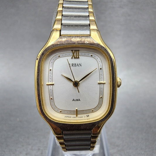 ALBA Urban Watch Women 22mm White Dial Two Tone Rectangle V8015280 New Battery0