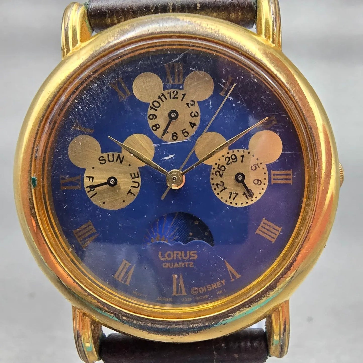 Lorus Mickey Mouse Watch Men 33mm Blue Dial Gold Sun Moon V33F-6C40 New Battery1