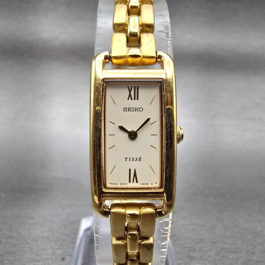 Seiko Tisse Tank Watch Women 14mm Ivory Dial Gold Rectangle 2E20-7120 New Batt0