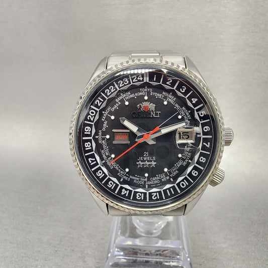 Orient King Master World Time Watch Men 42mm Black Dial Steel Daydate EM6FC30