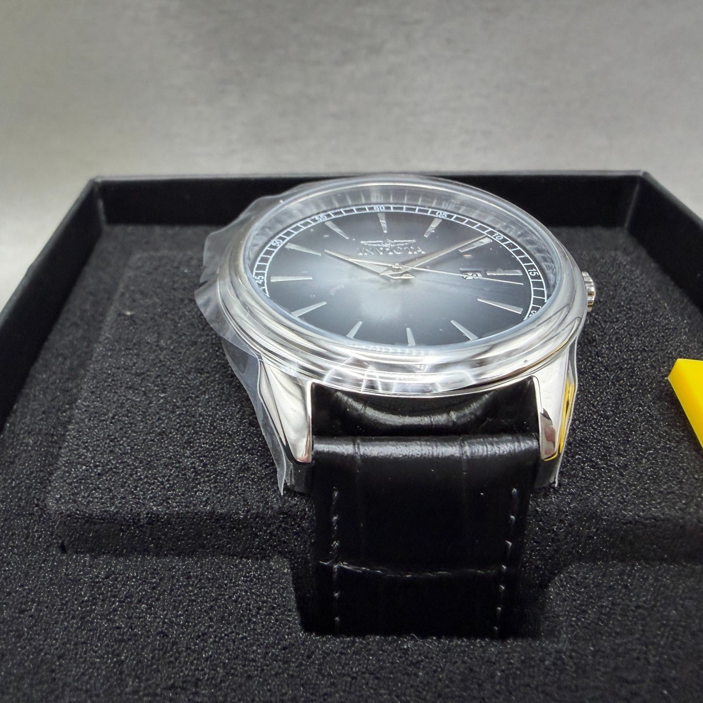 Invicta Celestial Watch Men 43mm Black Dial Silver Date Round Leather 478162