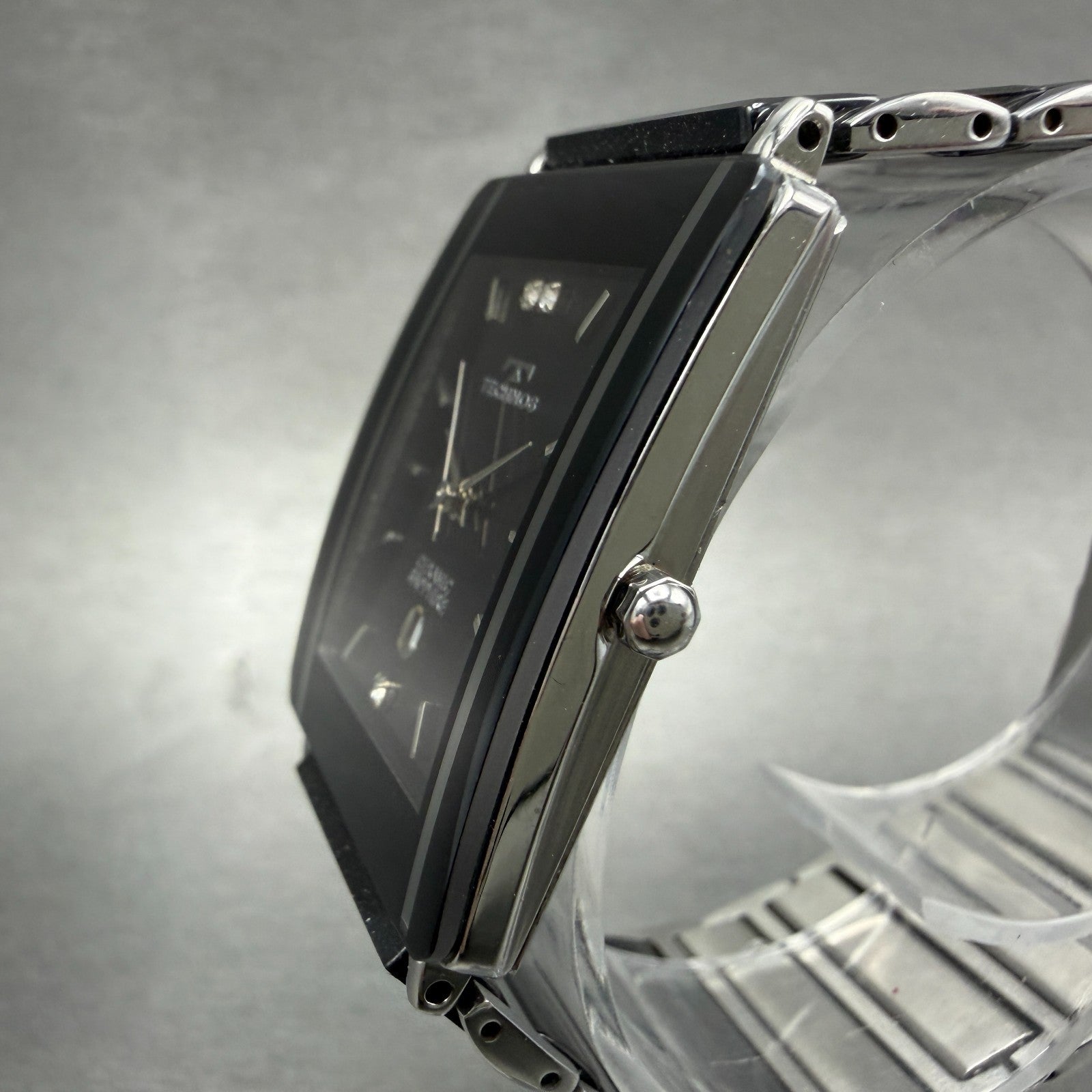 Technos Tank Watch Men 28mm Black Dial Ceramic Steel Date Rectangle New Battery2
