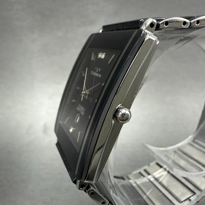 Technos Tank Watch Men 28mm Black Dial Ceramic Steel Date Rectangle New Battery2