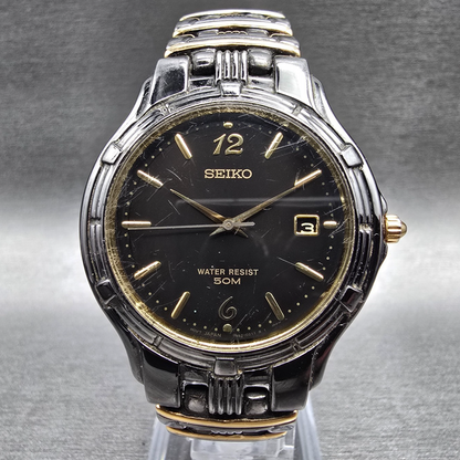 Seiko Watch Men 36mm Black Dial Two Tone Date Round 7N32-0169 New Battery0