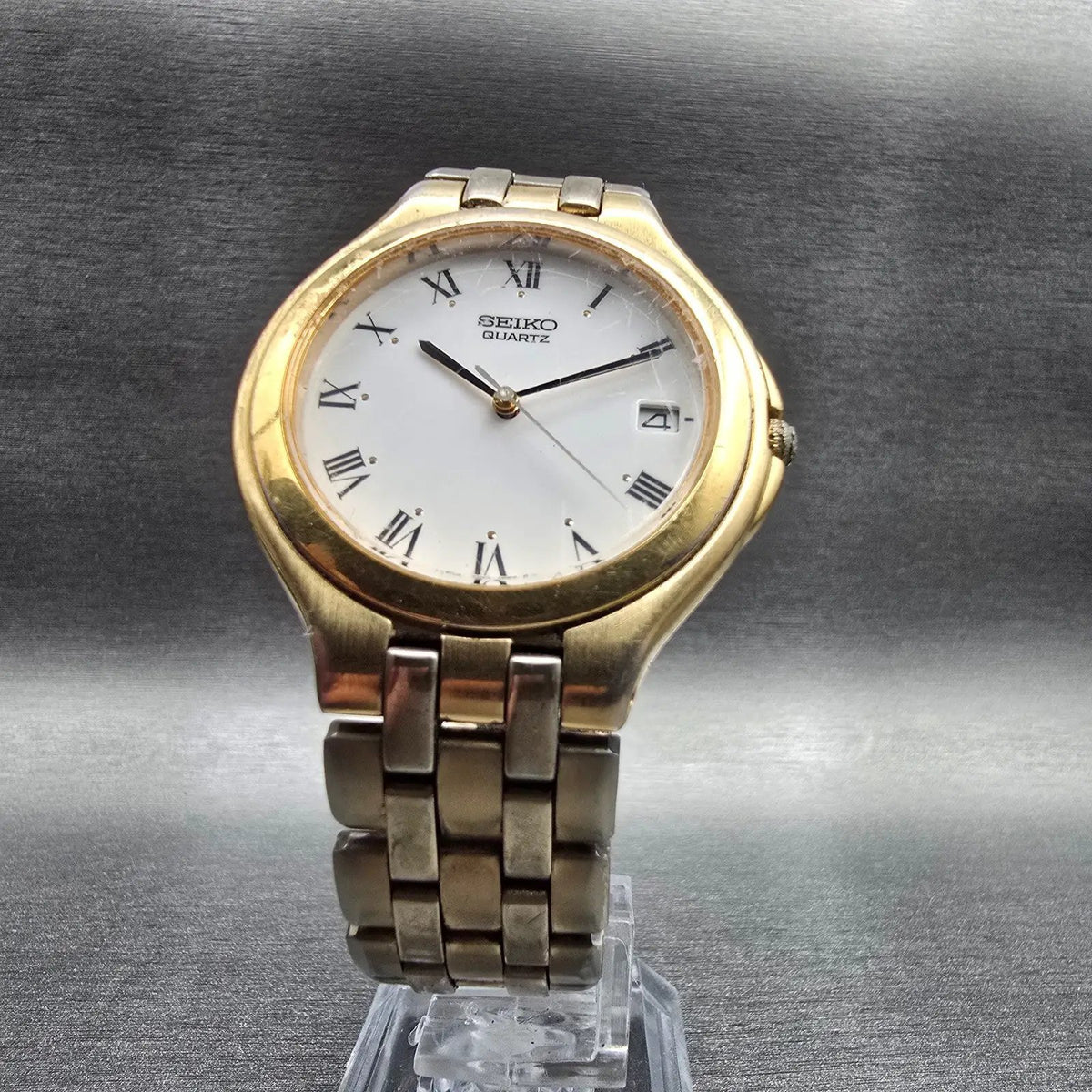 Seiko Watch Men 35mm White Dial Gold Tone Date Round 7N42-7030 New Battery VTG5