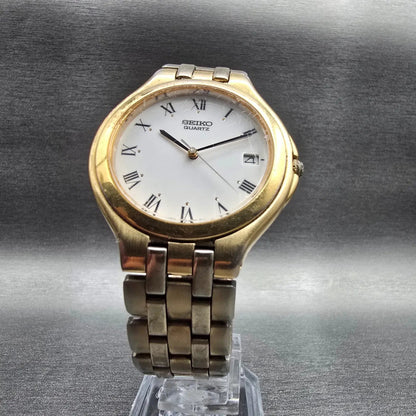Seiko Watch Men 35mm White Dial Gold Tone Date Round 7N42-7030 New Battery VTG5