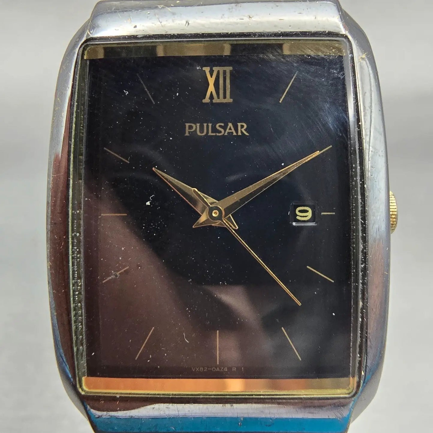 Pulsar Watch Men 26mm Black Dial Two Tone Date Rectangle VX82-0AS0 New Battery1