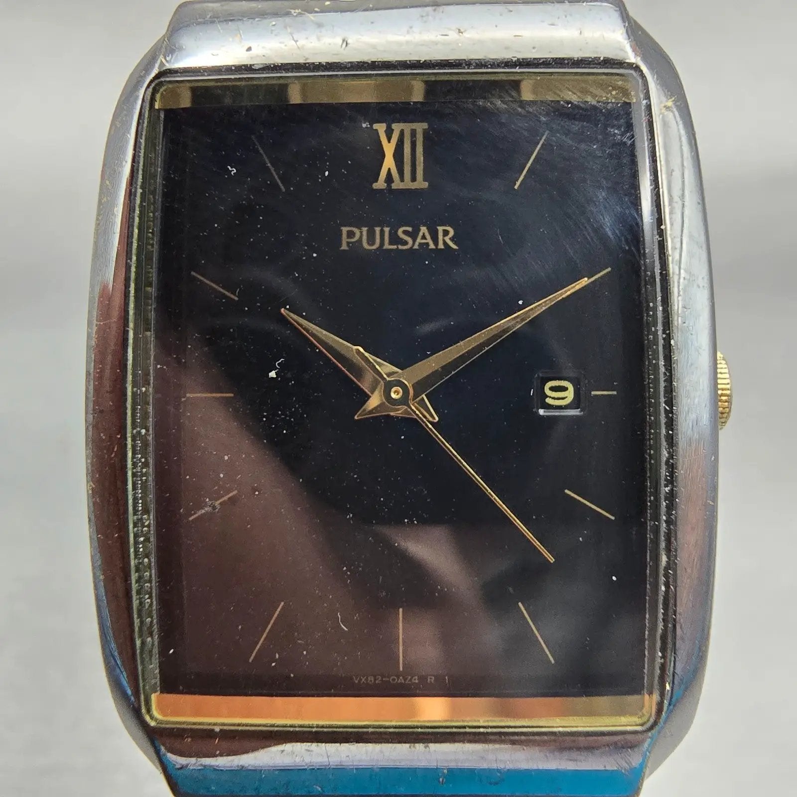 Pulsar Watch Men 26mm Black Dial Two Tone Date Rectangle VX82-0AS0 New Battery1
