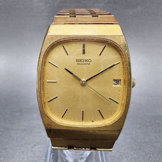 Seiko Tank Watch Men 28mm Gold Dial Gold Tone Rectangle 6532-5119 New Battery