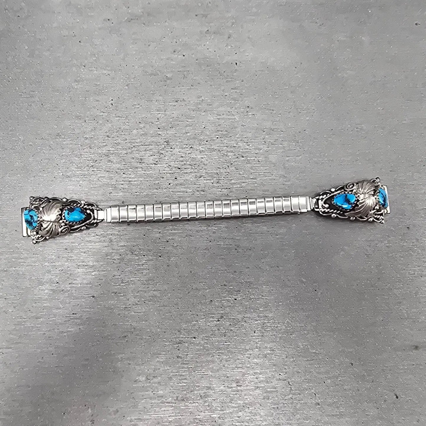 Navajo S.Y. Silver Watch Band Tips 11mm Turquoise Leaves Design Vintage0