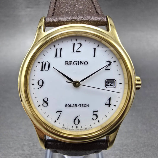 Citizen Reguno Solar Watch Men 33mm White Dial Gold Tone Date E111-T017223 Runs0