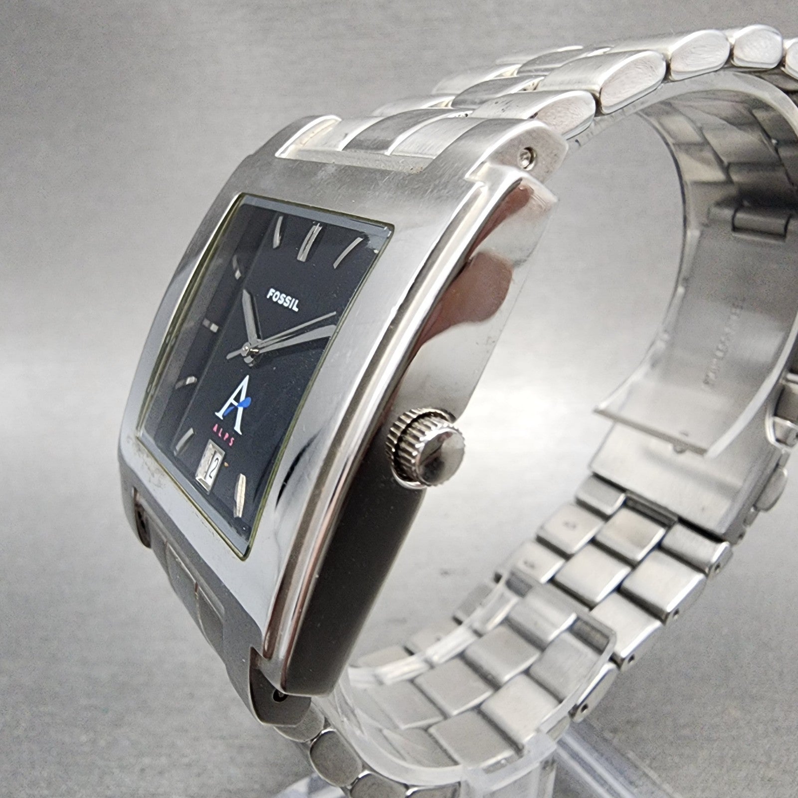 Fossil Tank Watch Men 29mm Black Dial Silver Tone Date Rectangle New Battery2
