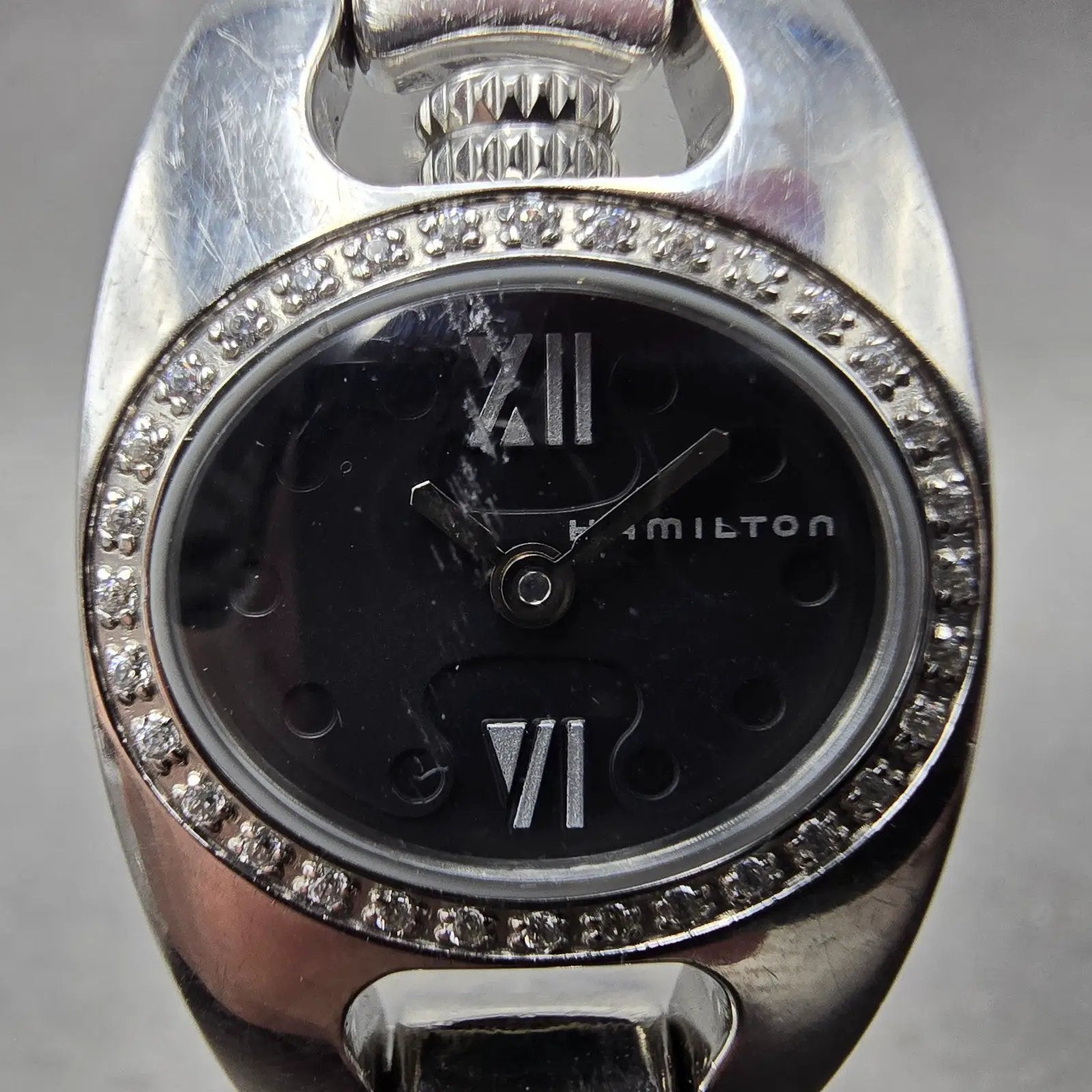 Hamilton Marylin Watch Women 21mm Black Dial Steel Diamond Bezel Oval New Batt1