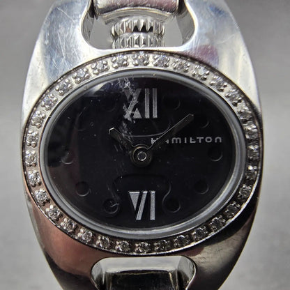 Hamilton Marylin Watch Women 21mm Black Dial Steel Diamond Bezel Oval New Batt1