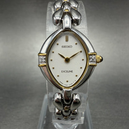 Seiko Exceline Watch Women 19mm White Dial Two Tone Oval 1F20-6B60 New Battery0