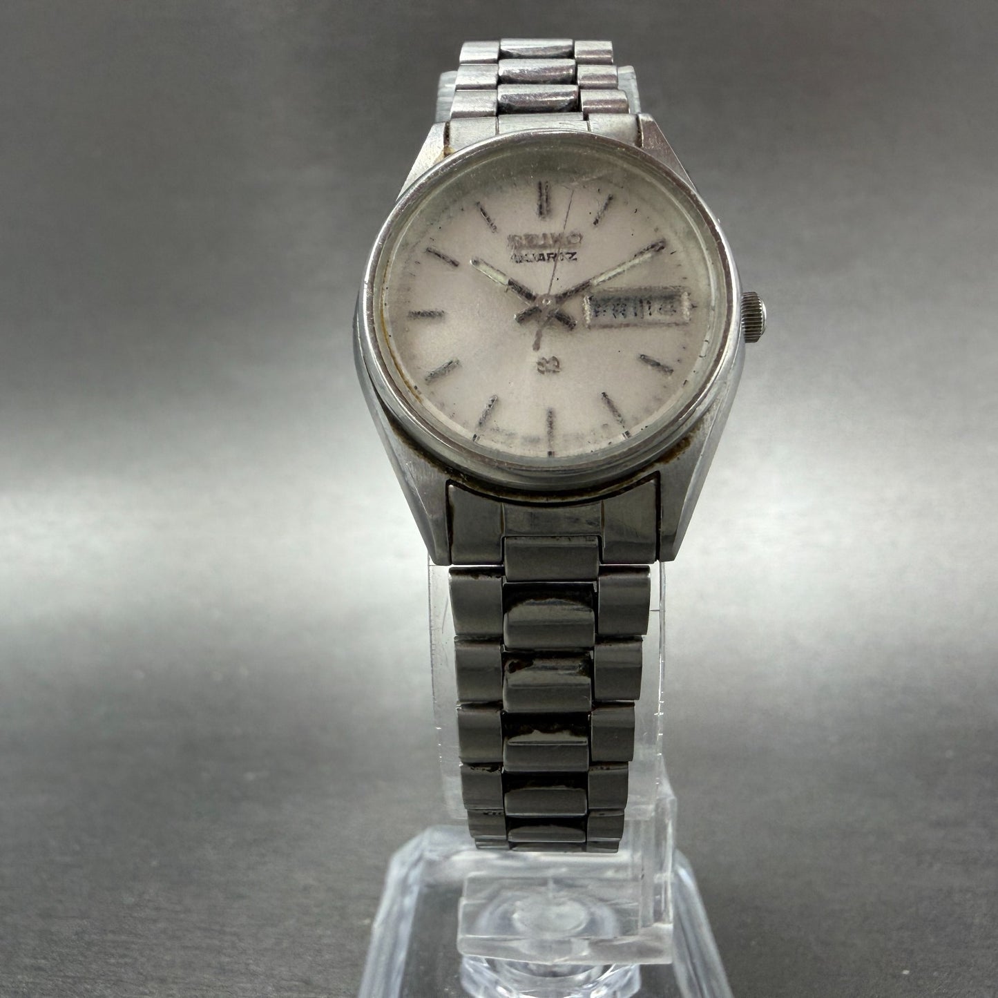 Seiko SQ Watch Women 24mm Silver Dial Silver Tone Daydate Round 3423-0099 NewBat5