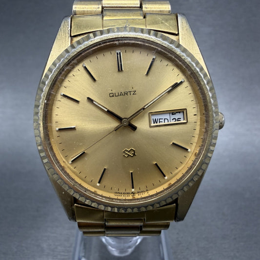 Seiko SQ President Watch Men 37mm Gold Dial Gold Tone Daydate New Battery READ!!0