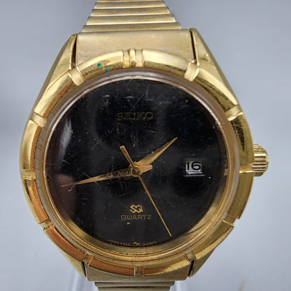 Vintage Seiko SQ Watch Women Gold Tone Black Dial Date 4302-0039 New Battery