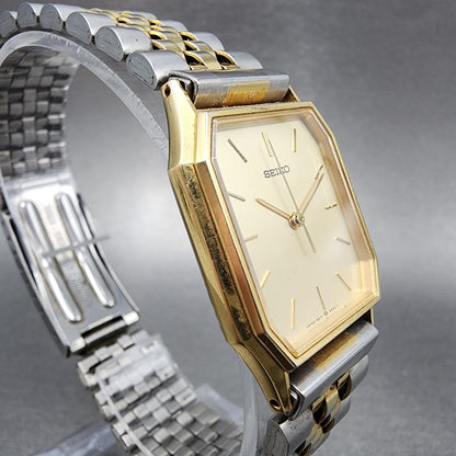 Seiko Tank Watch Men 25mm Champagne Dial Twotone Rectangle 5e315a00 New Battery3