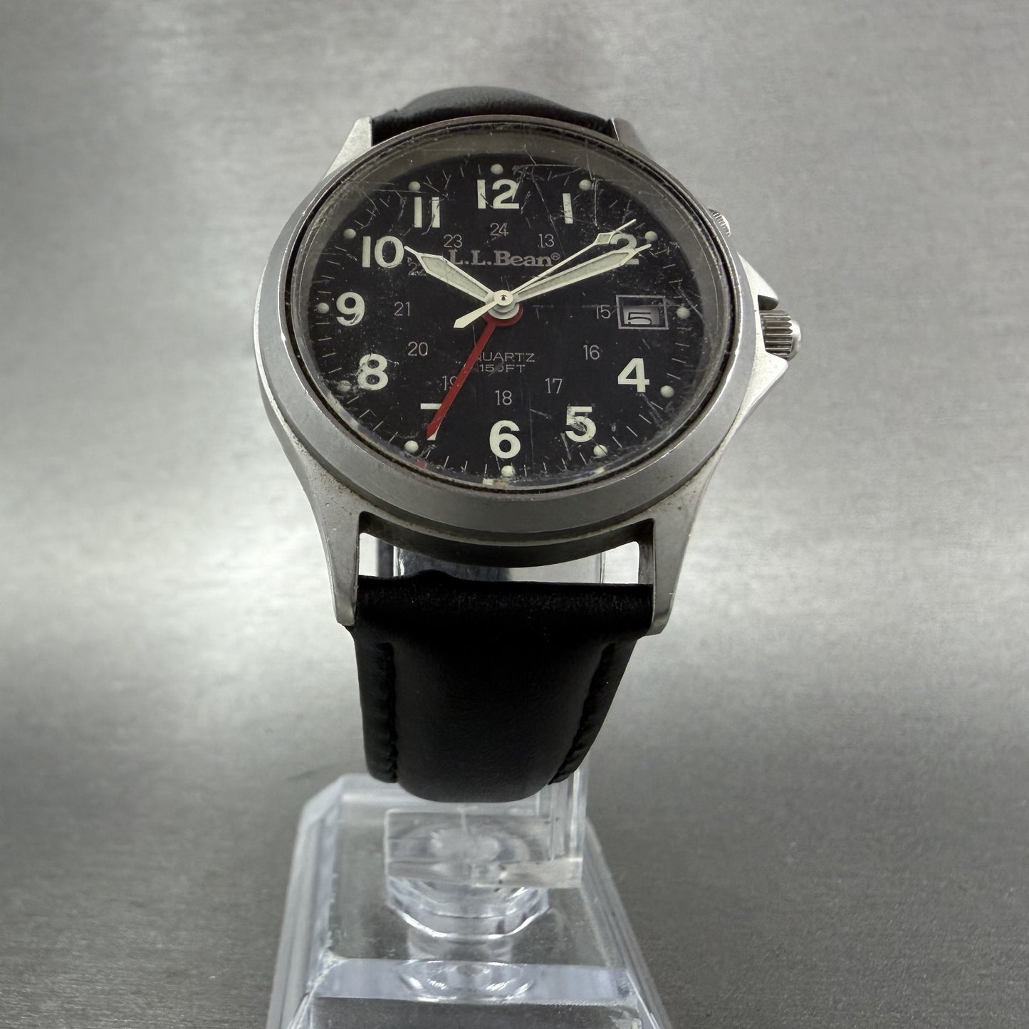LL Bean Alarm Watch Men 34mm Black Dial Stainless Steel Date Round New BatteryAB5