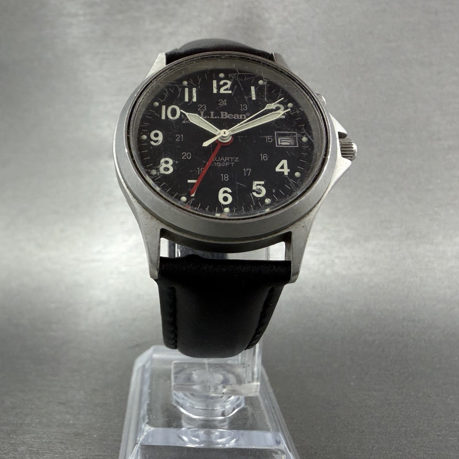 LL Bean Alarm Watch Men 34mm Black Dial Stainless Steel Date Round New BatteryAB5