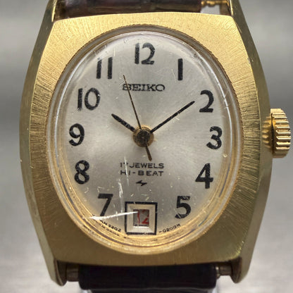 Seiko Hi-Beat Watch Women 22mm Silver Dial Gold Tone Date Rectangle 2202-70291