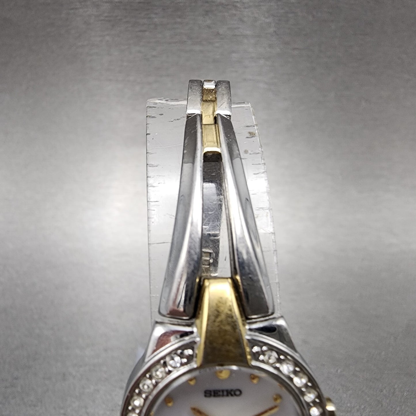 Seiko Solar Watch Women 22mm MOP Dial Two Tone Crystal Bezel Round V1140AF0 Runs4
