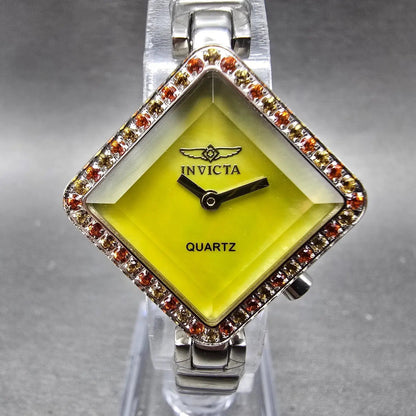 Invicta Wildflower Watch Women 30mm Yellow Dial Silver Crystals Square New Batt0