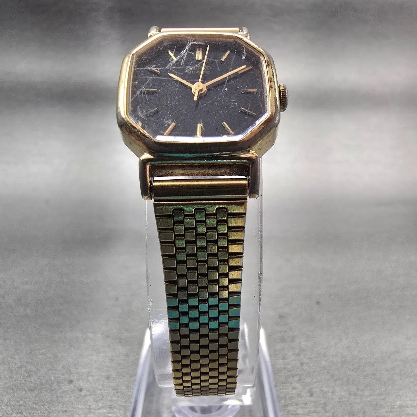Seiko Watch Women 20mm Black Dial Gold Tone Octagon 2C21-5170 New Battery VTG5