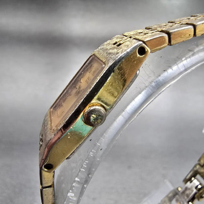 Seiko Watch Women 12mm Gold Dial Gold Tone Rectangle 2E20-5550 New Battery VTG2